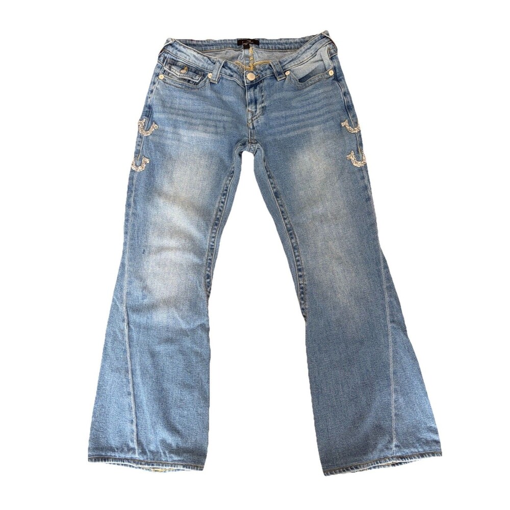 True Religion Joey Mid Rise Flare Flap Jeans Y2K Size 29 Light Wash Beaded Logo